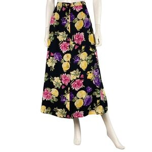 Vintage 90's black colorful bold floral print button front maxi full skirt M